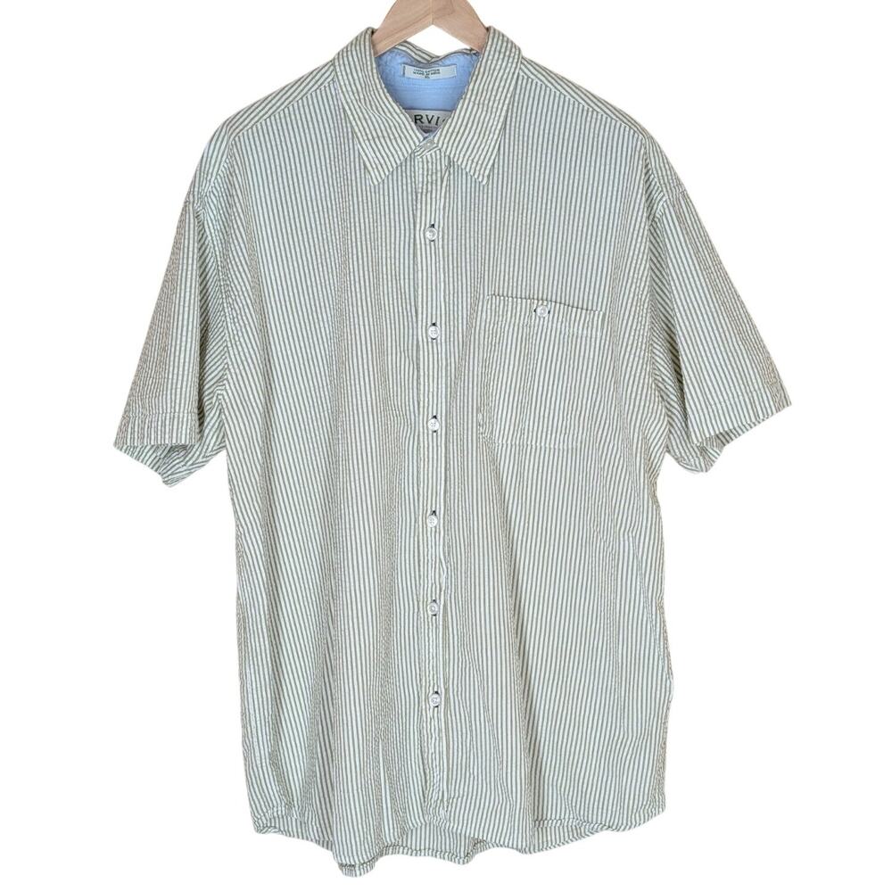 Orvis Cotton Seersucker Green White Striped Button Up Short Sleeve Shirt Mens XL